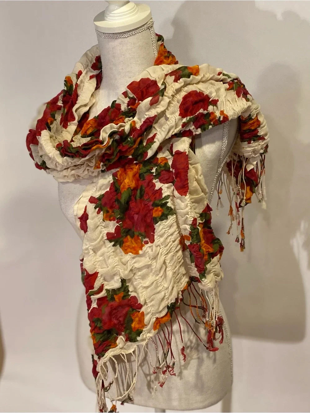 mark. Cream Crinkle Scarf with Red & Orange Floral Print